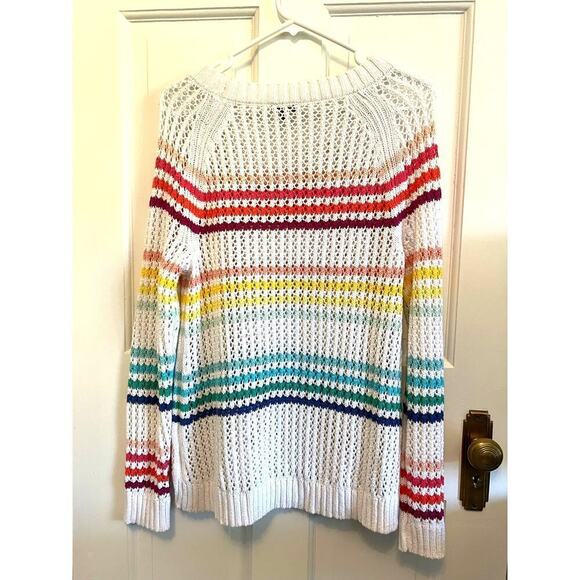Talbots Open Stitch Rainbow Stripe Sweater Raglan Crochet Loose Knit Women's M - Picture 2 of 8